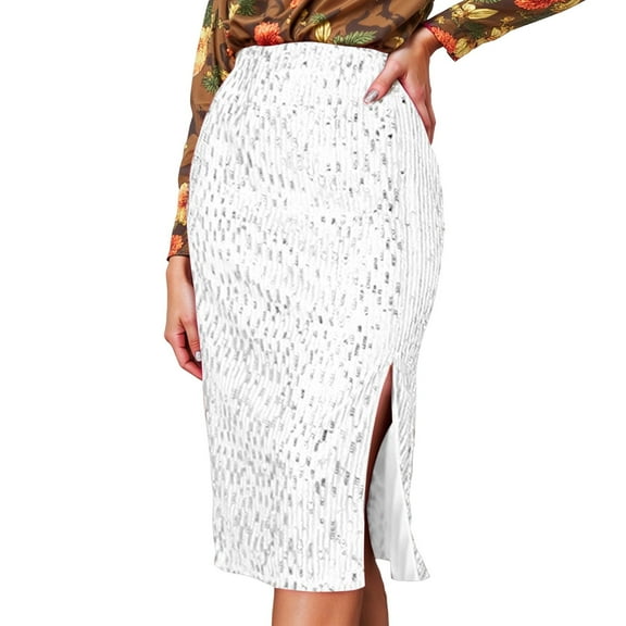 XIAONU Women's Side Slit Bodycon Skirt Slim Fit High Waisted Elegant Midi Skirt Sparkle Party Dressy Skirts
