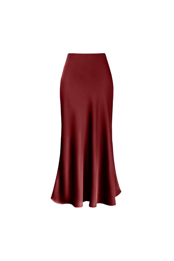 Women's Silky Solid Skirt Midi Flared Hem Bottom Smooth Evening Wear Skirts