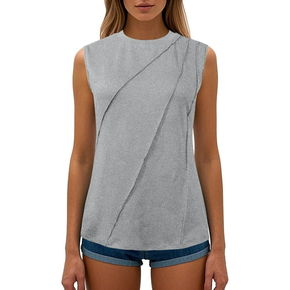 XIAONU Women's Sleeveless Blouses Solid Color Crew Neck Loose Fit Shirt Casual Comfy Lightweight Top