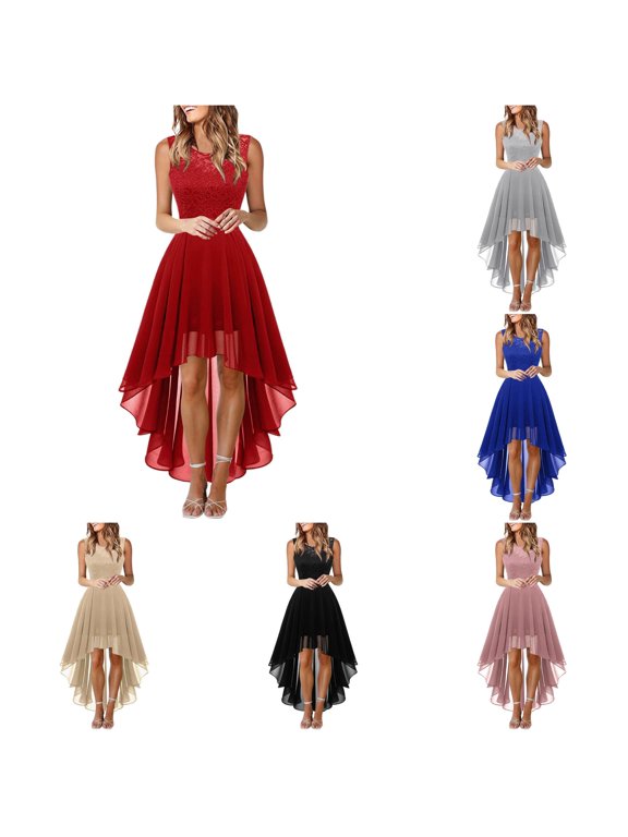 Women's Sleeveless High Low Dress Lace Bodice Chiffon Overlay Party Gown