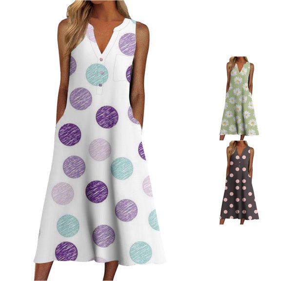 XIAONU Women's Sleeveless Midi Dress Button Placket Summer Casual Pocket Gown