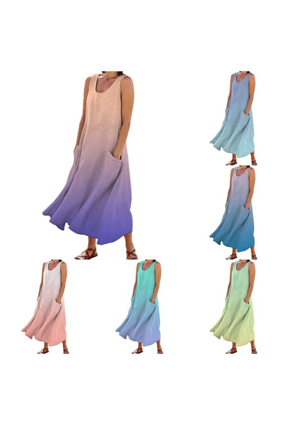 Women's Sleeveless Midi Dress Pocket Crew Neck Summer Travel Tank Gown