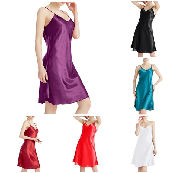 XIAONU Women's Nightgown V Neck Spaghetti Strap Satin Midi Sleepwear Dress
