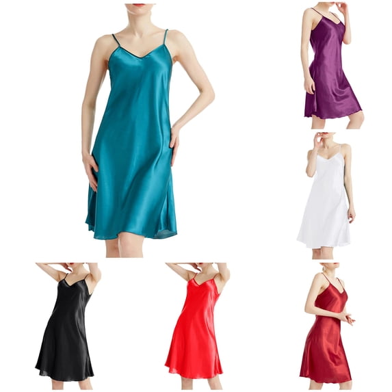 XIAONU Women's Nightgown V Neck Spaghetti Strap Satin Midi Sleepwear Dress