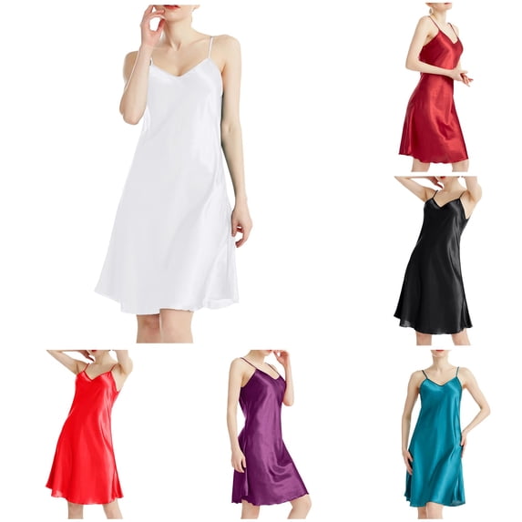 XIAONU Women's Nightgown V Neck Spaghetti Strap Satin Midi Sleepwear Dress