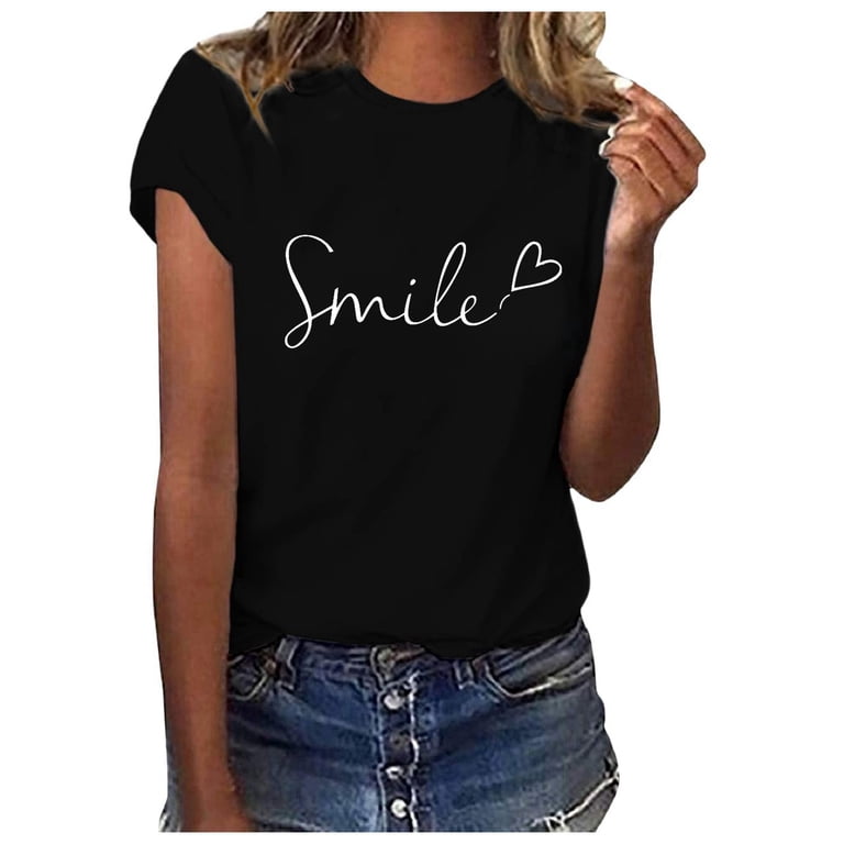 XIAONU Women's Smile Graphic T Shirt Crew Neck Short Sleeve