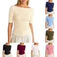 thumbnail image 1 of XIAONU Women's Solid Boat Neck Ribbed Elbow Sleeve Tees Ruched Waist Office Daily Tops, 1 of 4