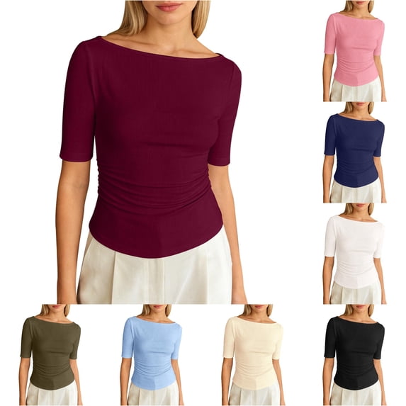 XIAONU Women's Solid Boat Neck Ribbed Elbow Sleeve Tees Ruched Waist Office Daily Tops