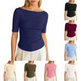thumbnail image 1 of XIAONU Women's Solid Boat Neck Ribbed Elbow Sleeve Tees Ruched Waist Office Daily Tops, 1 of 4