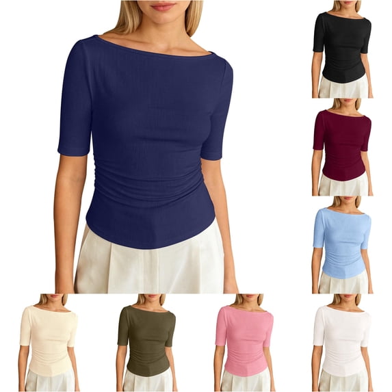 XIAONU Women's Solid Boat Neck Ribbed Elbow Sleeve Tees Ruched Waist Office Daily Tops