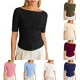 thumbnail image 1 of XIAONU Women's Solid Boat Neck Ribbed Elbow Sleeve Tees Ruched Waist Office Daily Tops, 1 of 4