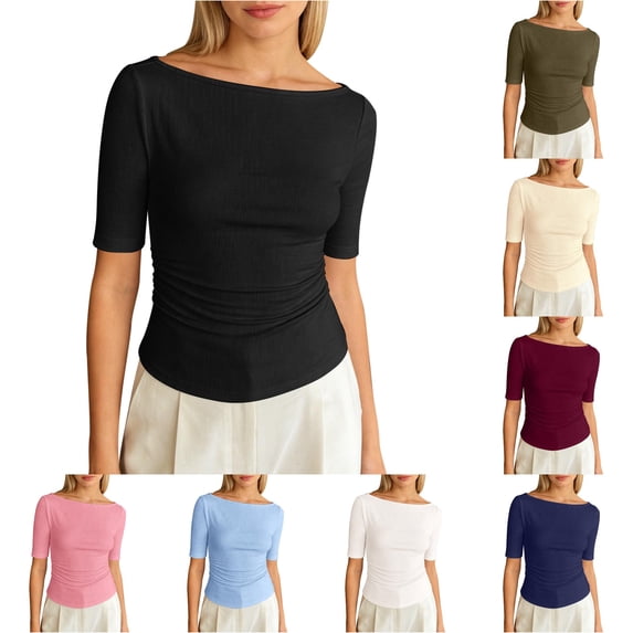 XIAONU Women's Solid Boat Neck Ribbed Elbow Sleeve Tees Ruched Waist Office Daily Tops