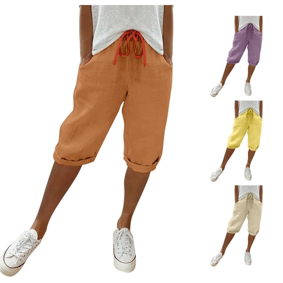 XIAONU Women's Solid Capri Pants Drawstring Waist Rolled Side Pockets Trousers