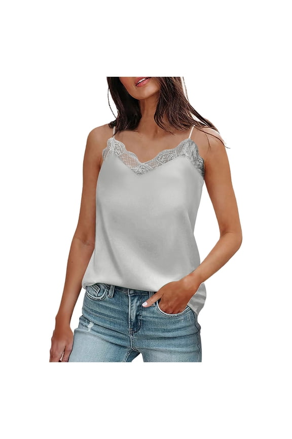 Women's Solid Color Tanks Lace Trim V Neck Spaghetti Strap Camisoles Lightweight Satin Elegant Layering Daily Tops