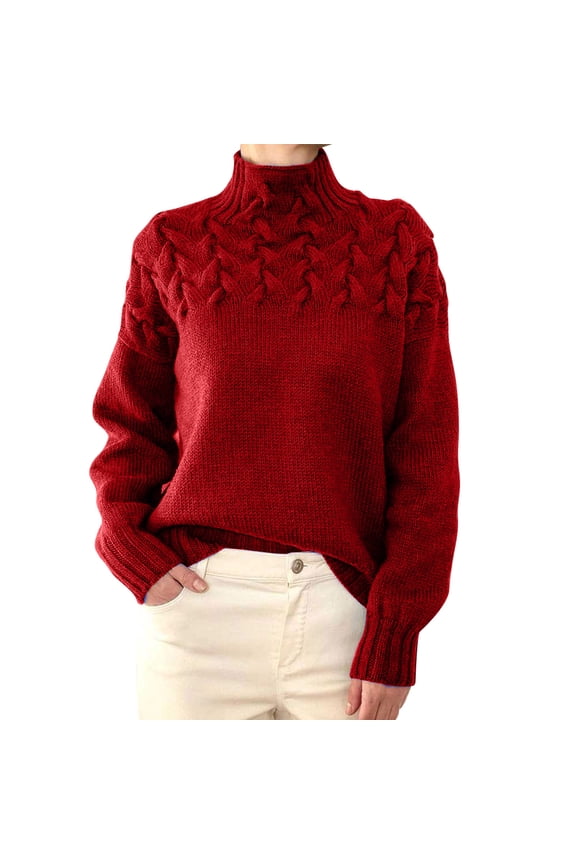 Women's Solid Color Turtleneck Sweater Oversized Fit Cable Knit Top Warm Casual Daily Wear Pullover