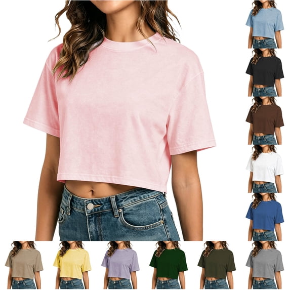 XIAONU Women's Solid Crop Tops Loose Fit Casual Short Sleeve Tees