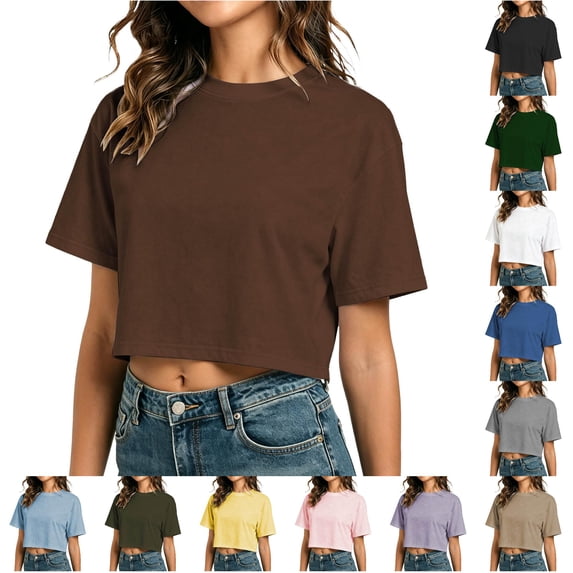 XIAONU Women's Solid Crop Tops Loose Fit Casual Short Sleeve Tees