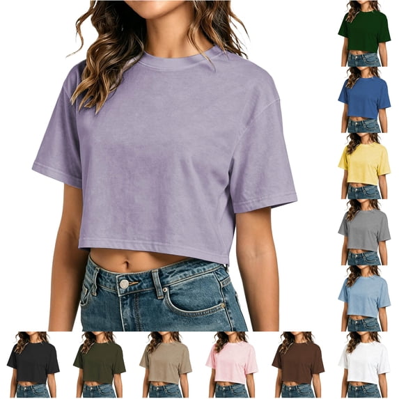 XIAONU Women's Solid Crop Tops Loose Fit Casual Short Sleeve Tees