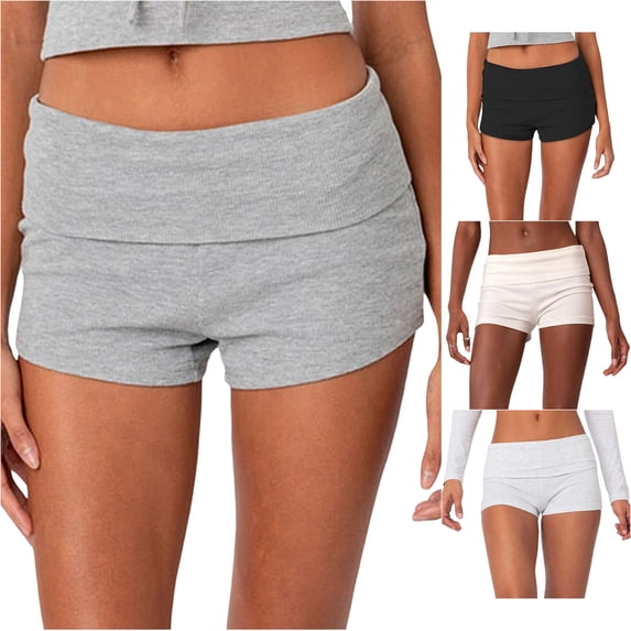 XIAONU Women's Solid Fold Over Waist Shorts Elastic Waist Side Pockets Shorts