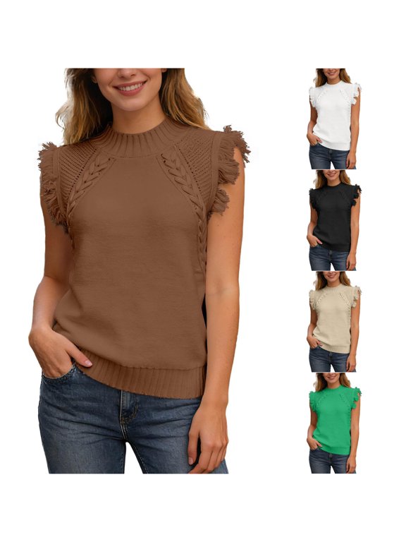 Women's Solid Fringe Cable Knit Sleeveless Tops Neck Regular Fit Top Stretch Boho Chic Sweaters