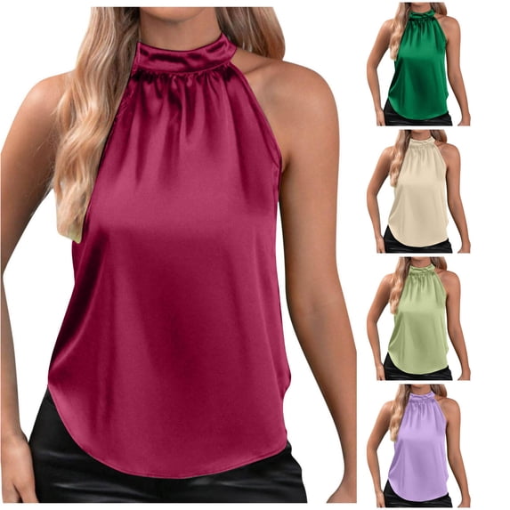 XIAONU Women's Solid Halter Tank Top Sleeveless Curved Hem Daily Shirts Blouses