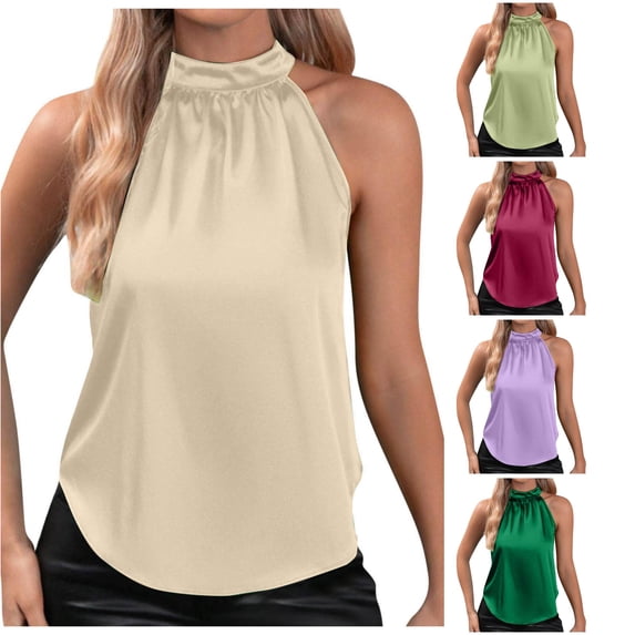 XIAONU Women's Solid Halter Tank Top Sleeveless Curved Hem Daily Shirts Blouses