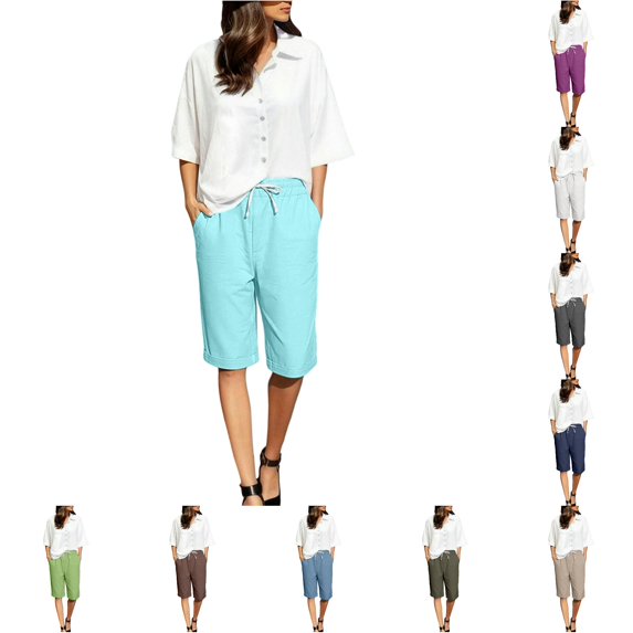 XIAONU Women's Solid Knee Length Shorts Drawstring Waist Side Pockets Shorts