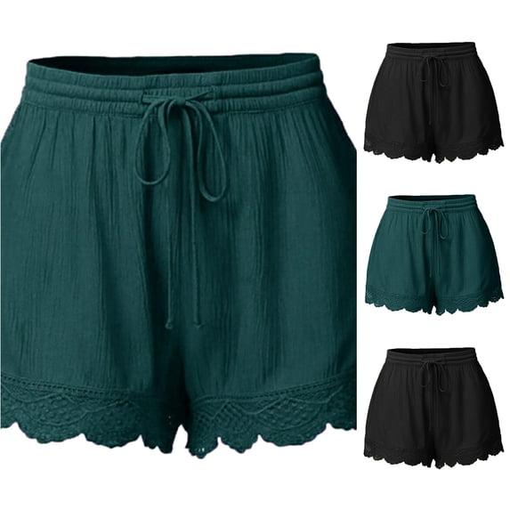XIAONU Women's Solid Lace Shorts Drawstring Waist Side Pockets Shorts