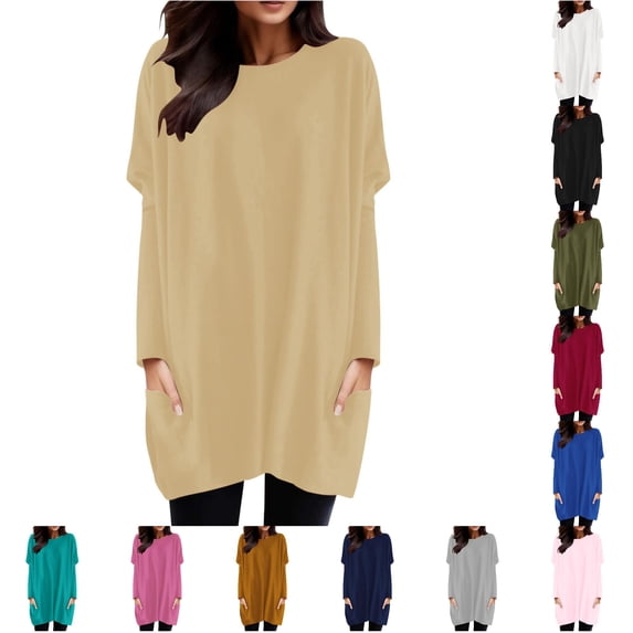 XIAONU Women's Solid Oversized Long Sleeve Top Crew Neck Loose Fit Pocket Daily Tees