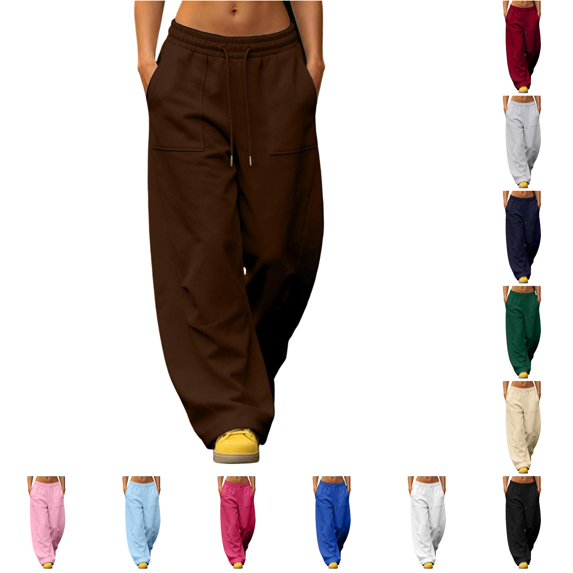 XIAONU Women's Solid Seam Wide Leg Pants Elastic Drawstring Waist Patch Pockets Casual Trousers