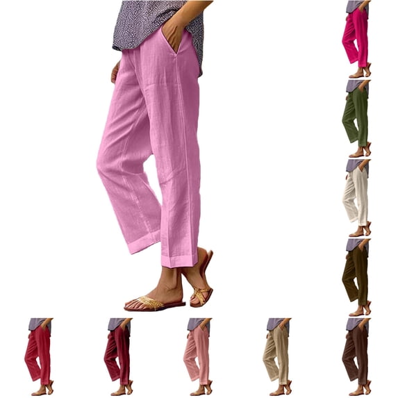 XIAONU Women's Solid Straight Leg Pants Hem Side Pockets Full Length Trousers