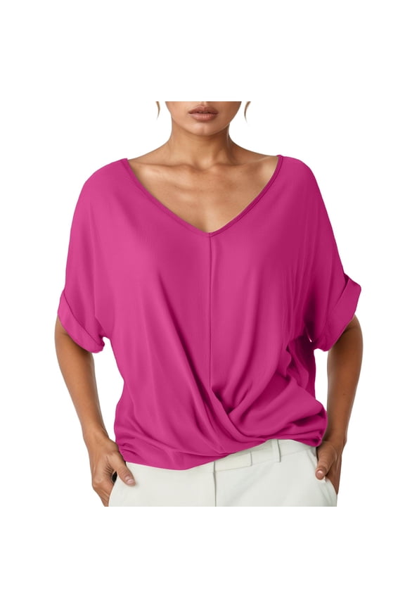 Women's Solid Twist Front Blouse Loose Fit Short Sleeve V Neck Pullover Tunic Lightweight Chic Office Top