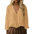 thumbnail image 1 of XIAONU Women's Solid V Neck Linen Blouse Loose Fit Elbow Sleeve Pullover Top With Twisted Hem Breathable Casual Vacation Daily Wear, 1 of 7