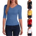 thumbnail image 1 of XIAONU Women's Solid V Neck T Shirt Elbow Sleeve Slim Fit Basic Daily Top, 1 of 4