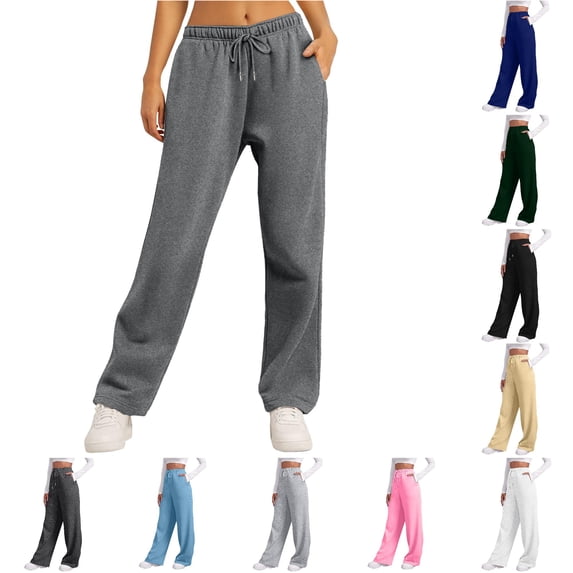 XIAONU Women's Solid Wide Leg Pants Drawstring Closure Side Pockets Trousers