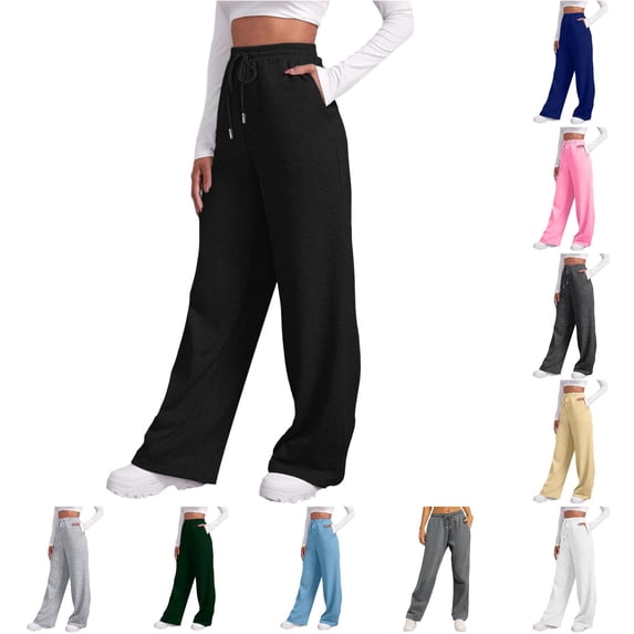 XIAONU Women's Solid Wide Leg Pants Drawstring Closure Side Pockets Trousers