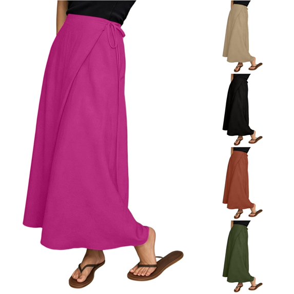 XIAONU Women's Solid Wrap Maxi Skirt Tie Waist Loose Casual Long Skirt
