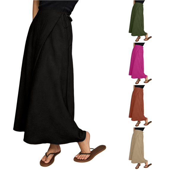 XIAONU Women's Solid Wrap Maxi Skirt Tie Waist Loose Casual Long Skirt