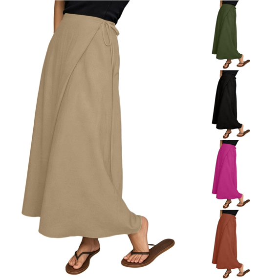 XIAONU Women's Solid Wrap Maxi Skirt Tie Waist Loose Casual Long Skirt
