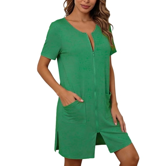 XIAONU Women's Solid Zip Front Pocket Mini Sleepwear Loose Short Sleeve Split Neck Loungewear Soft Sleek Sleep Nightgowns