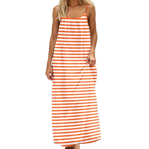 XIAONU Women's Spaghetti Strap Maxi Dress Striped Print Loose Flowy Casual Summer Beach Sundress
