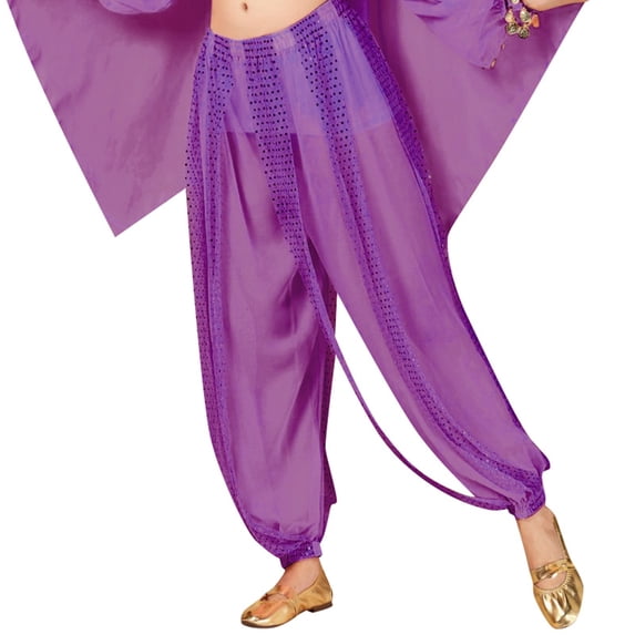 XIAONU Women's Sparkly Dance Pants Loose Fit Sheer Mesh Sequin Trousers Flowy Glam Performance Bottoms Purple