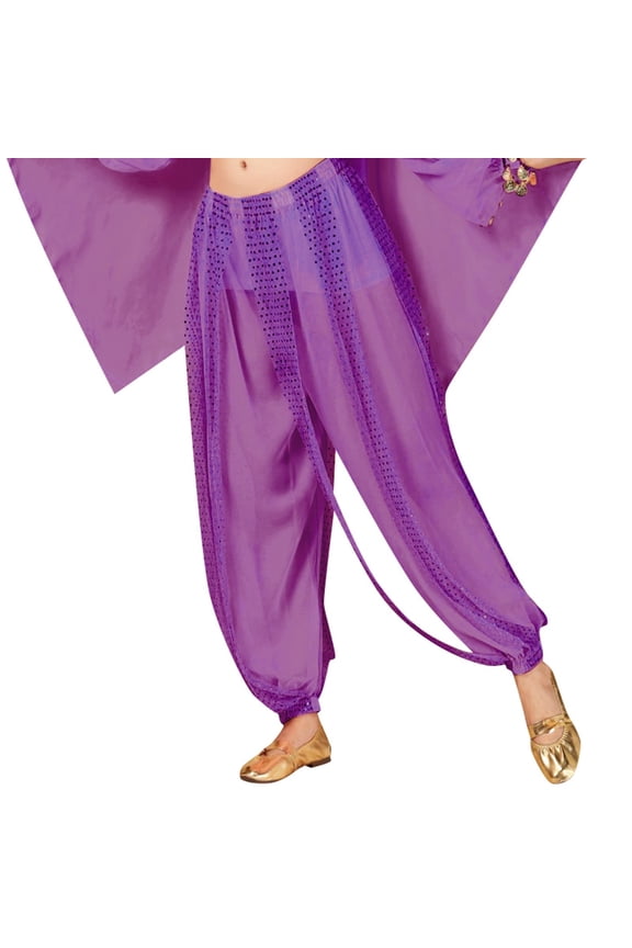 Women's Sparkly Dance Pants Loose Fit Sheer Mesh Sequin Trousers Flowy Glam Performance Bottoms Purple