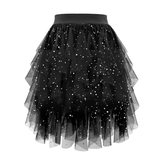 XIAONU Women's Sparkly Tulle Mini Skirt Asymmetrical Layered Tutu Skirt Lightweight Edgy Concert Skirts