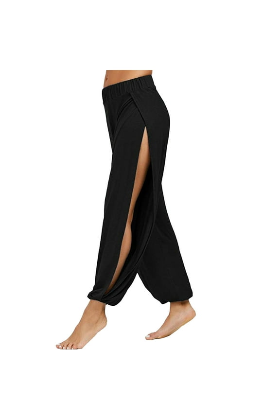 Women's Split Side Harem Pants Elastic Waist Ruched Trousers Flowy Dance Performance Bottoms Black
