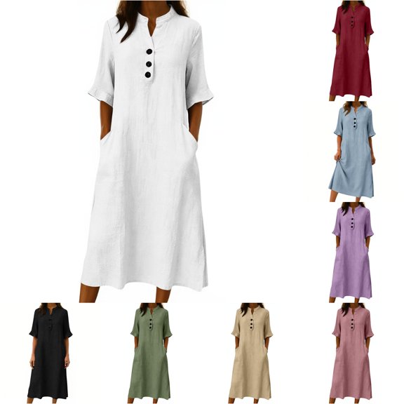 XIAONU Women's Stand Collar Midi Dress Half Sleeve Pocket Tunic