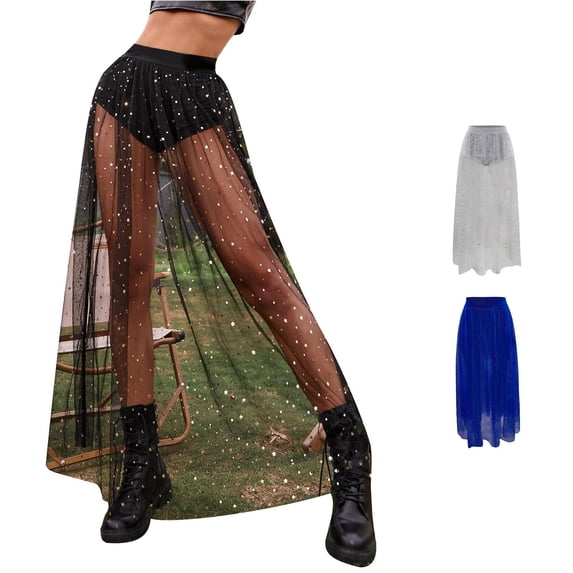 XIAONU Women's Star-Sequined Maxi Skirt Sheer Summer Festival Long Skirt