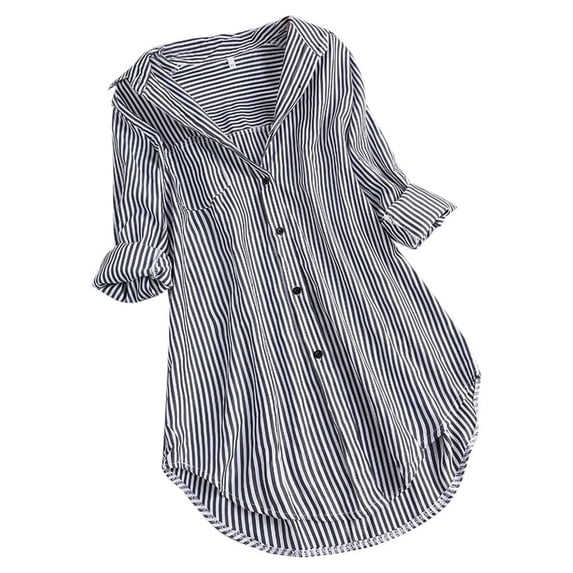 XIAONU Women's Striped Button Down Shirt Dress Loose Fit Roll Tab Sleeve Collared Neck Button Up Breathable Casual Beach Dresses