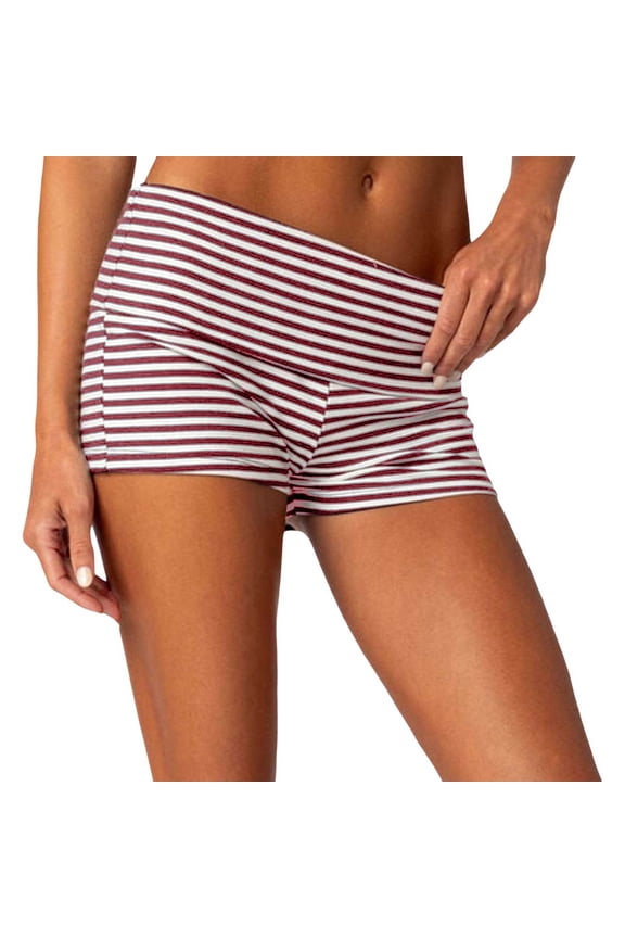 Women's Striped Fold-Over Yoga Shorts Slim Fit Above Knee Stretch Waist Soft Active Lounge Bottoms