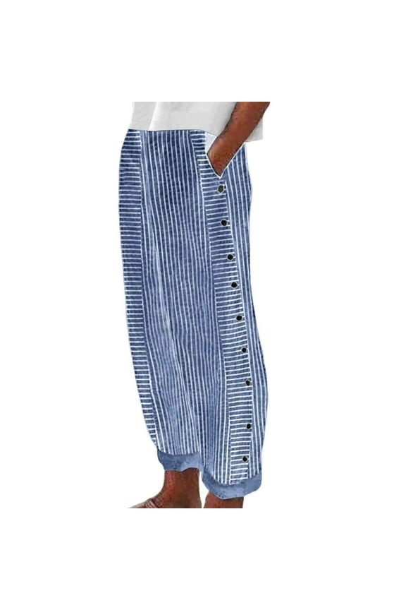 Women's Striped Linen Blend Pants Side Snap Button Baggy Trousers Breezy Casual Summer Bottoms Blue